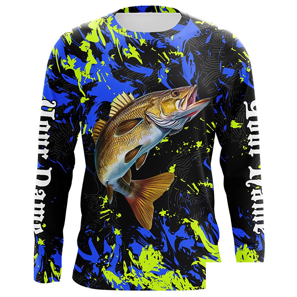 Personalized Walleye fishing green blue camo long sleeve Fishing Shirts NQS7107