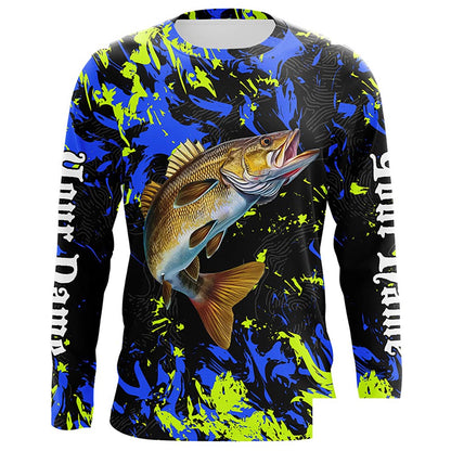 Personalized Walleye fishing green blue camo long sleeve Fishing Shirts NQS7107