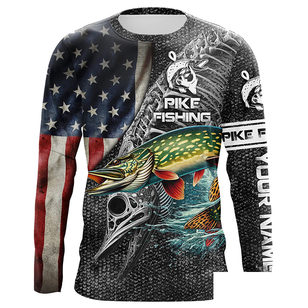 Northern Pike Fishing American Flag patriotic Customize name Long Sleeve Fishing Shirts NPQ280