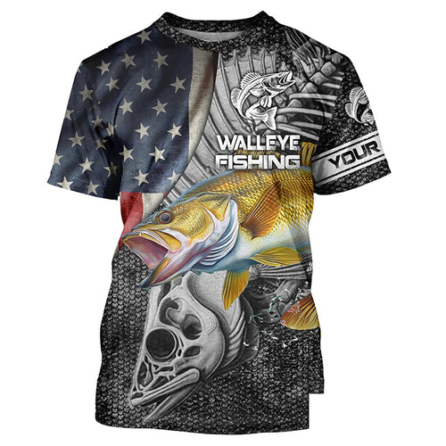 Walleye Fishing American Flag patriotic fish skull Customize Name All-over Print Unisex fishing T-shirt NPQ10