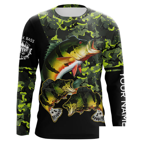 Peacock Bass fishing black green camo Custom name Long sleeve, Long Sleeve Hooded NPQ956