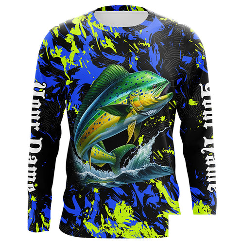Personalized Mahi mahi fishing green blue camo long sleeve Fishing Shirts NQS7123