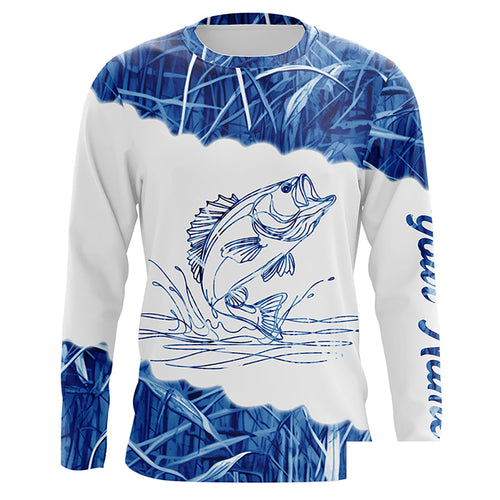 Blue camo Largemouth bass Customize Name UV protection long sleeves fishing shirt NPQ98