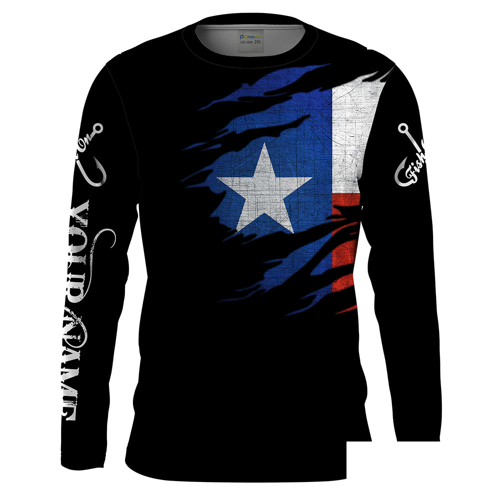 TX fishing fish on black Texas flag Custom Name long sleeves fishing shirt for men NPQ73