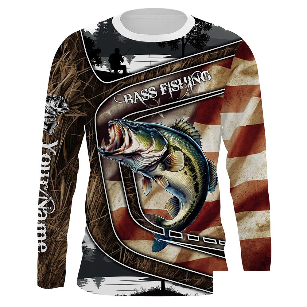 Custom American Flag patriotic Bass Fishing Jerseys, Personalized camo Bass fishing Long sleeve shirts NQS4856