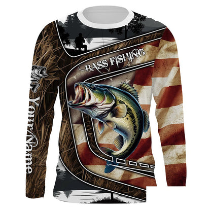 Custom American Flag patriotic Bass Fishing Jerseys, Personalized camo Bass fishing Long sleeve shirts NQS4856