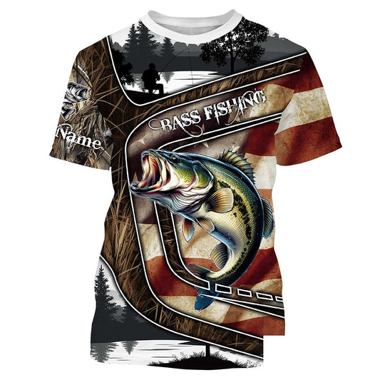 Custom American Flag patriotic Bass Fishing Jerseys, Personalized camo Bass fishing T-shirt NQS4856