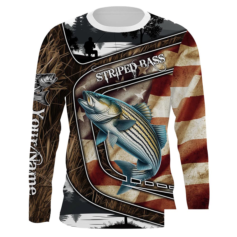 American Flag patriotic Striped Bass Fishing Jerseys, Custom camo striper fishing Long sleeve shirts NQS4857