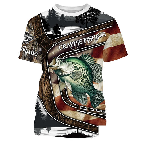 Custom American Flag patriotic Crappie Fishing Jerseys, Personalized camo Crappie fishing T-shirt NQS4858