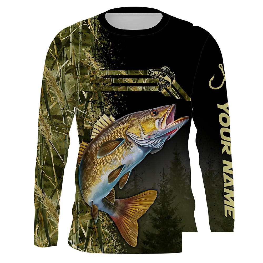 Custom Walleye fishing camouflage Fishing Jerseys, Personalized Walleye fishing Long sleeve shirts NQS4863