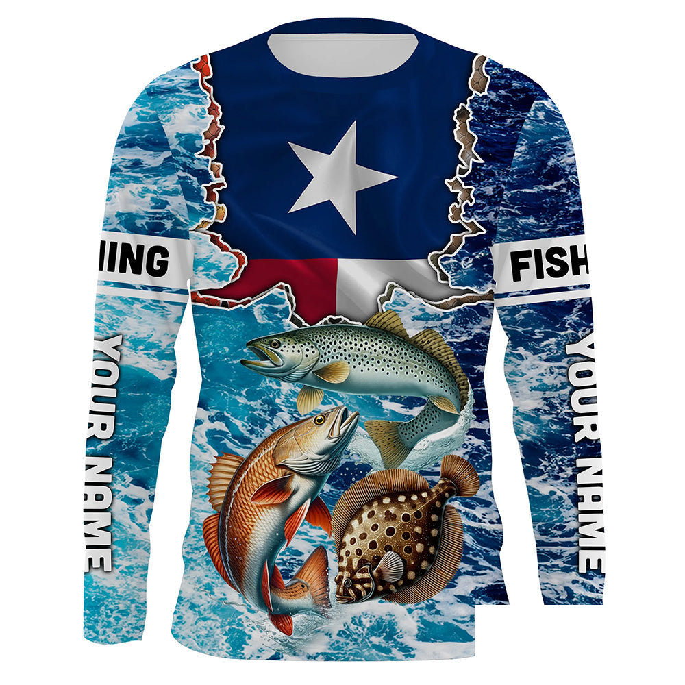 Texas Flag Redfish, trout, flounder inshore blue camo custom long sleeves performance fishing shirts NQS5464