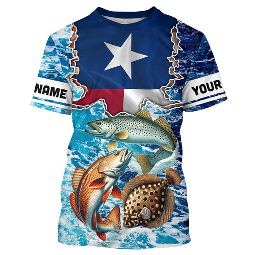 Texas Flag Redfish, trout, flounder inshore blue camo custom performance Fishing T-shirt NQS5464
