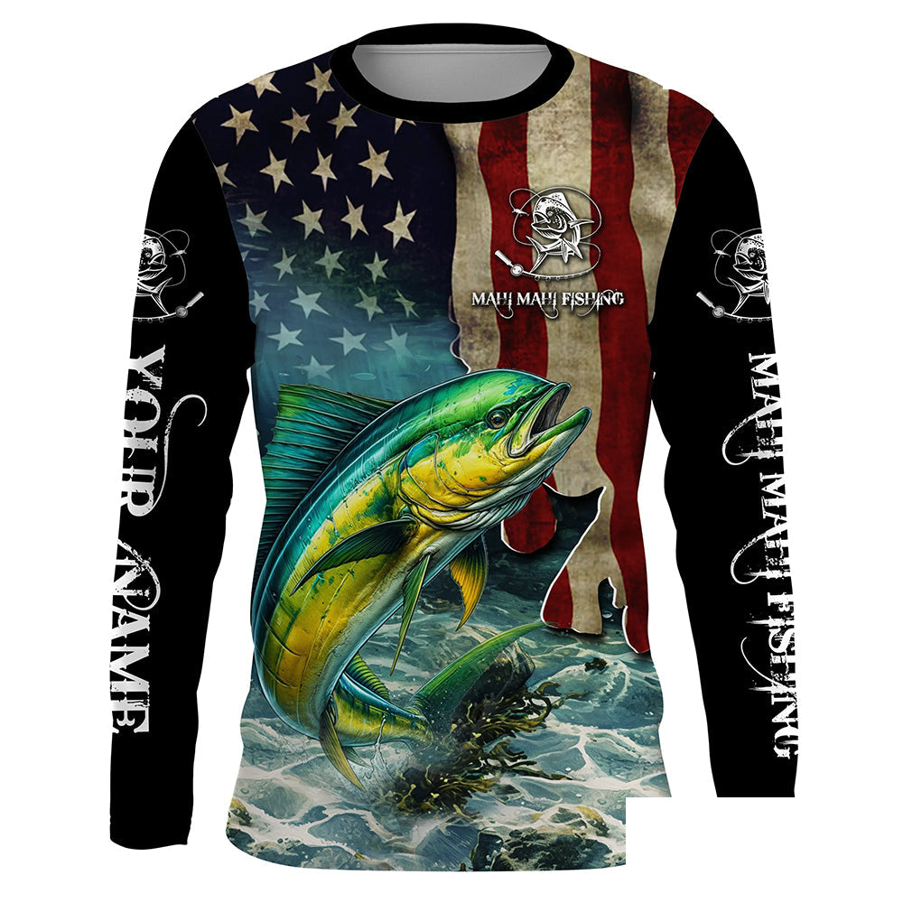 Mahi Mahi ( Dorado) Fishing American Flag Customize Name UV protection long sleeves fishing shirts NPQ22