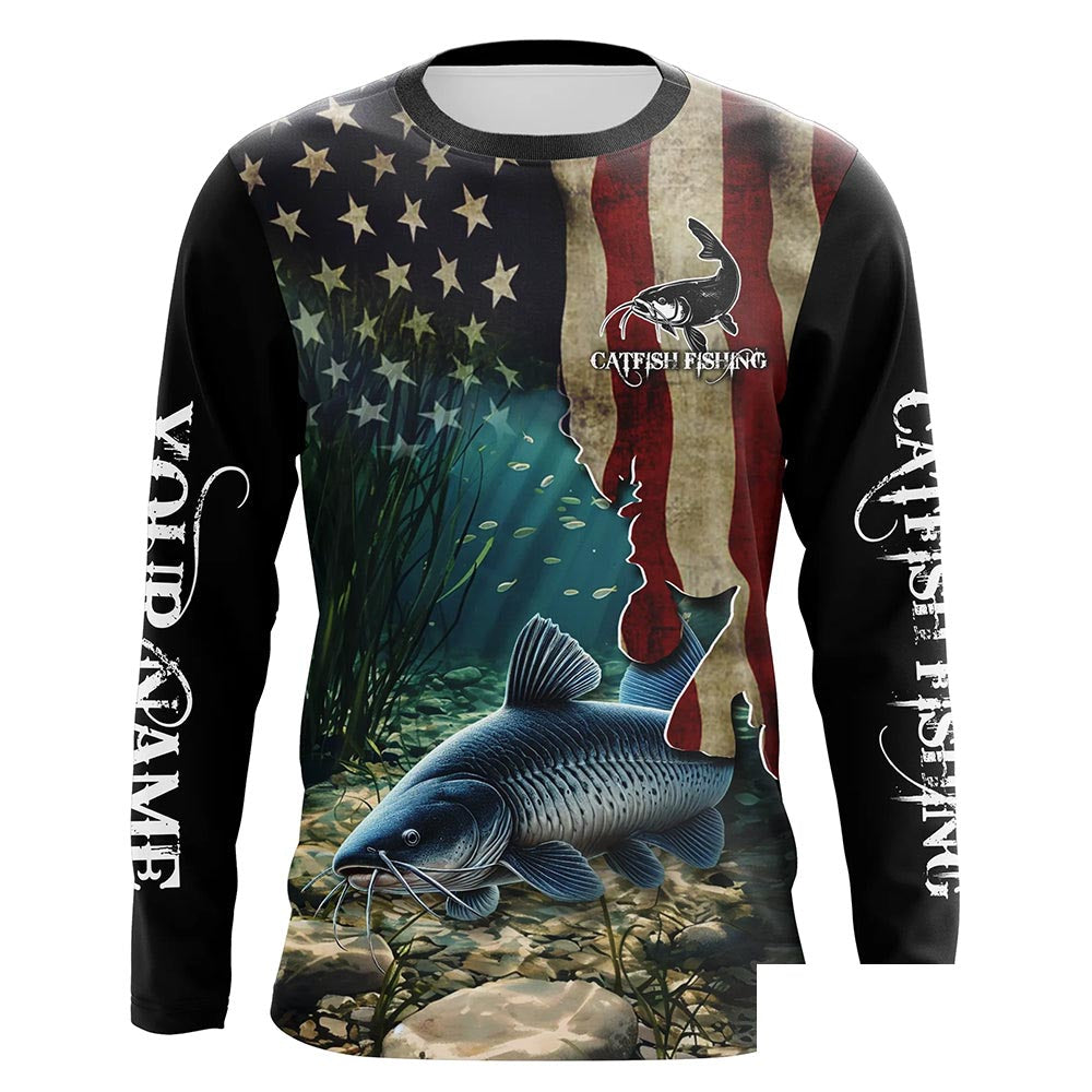 Catfish Fishing 3D American Flag Patriotic Customize name fishing Long Sleeve shirts NQS484