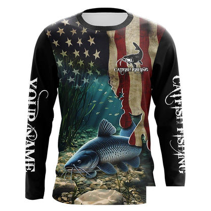 Catfish Fishing 3D American Flag Patriotic Customize name fishing Long Sleeve shirts NQS484