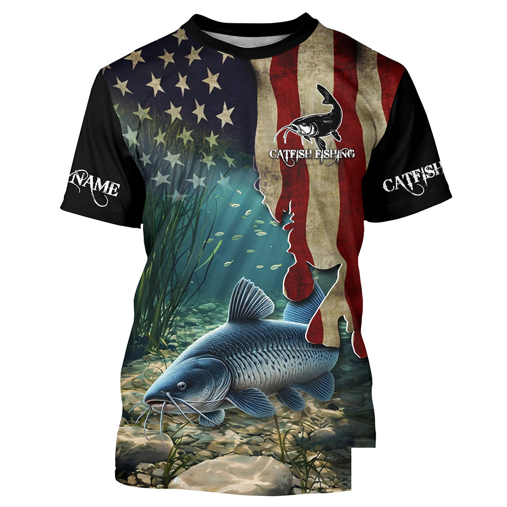 Catfish Fishing 3D American Flag Patriotic Customize Name fishing T-shirt NQS484