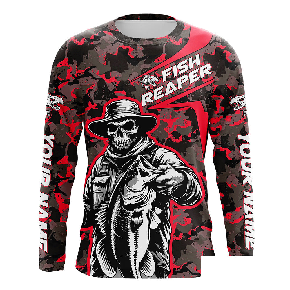 Custom Fish Reaper Skull Bass Long Sleeve Fishing Shirt, Bass Hunter Fishing Jerseys | Red Camo IPHW6506