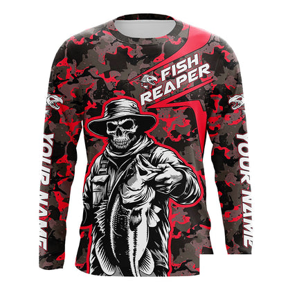 Custom Fish Reaper Skull Bass Long Sleeve Fishing Shirt, Bass Hunter Fishing Jerseys | Red Camo IPHW6506