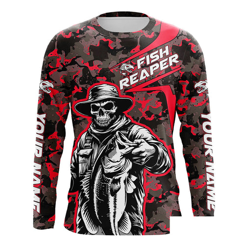 Custom Fish Reaper Skull Bass Long Sleeve Fishing Shirt, Bass Hunter Fishing Jerseys | Red Camo IPHW6506