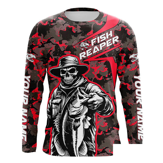 Custom Fish Reaper Skull Bass Long Sleeve Fishing Shirt, Bass Hunter Fishing Jerseys | Red Camo IPHW6506