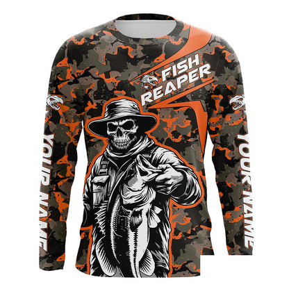 Custom Fish Reaper Skull Bass Long Sleeve Fishing Shirt, Bass Hunter Fishing Jerseys | Orange Camo IPHW6507