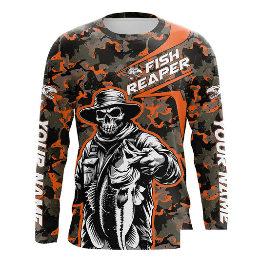 Custom Fish Reaper Skull Bass Long Sleeve Fishing Shirt, Bass Hunter Fishing Jerseys | Orange Camo IPHW6507