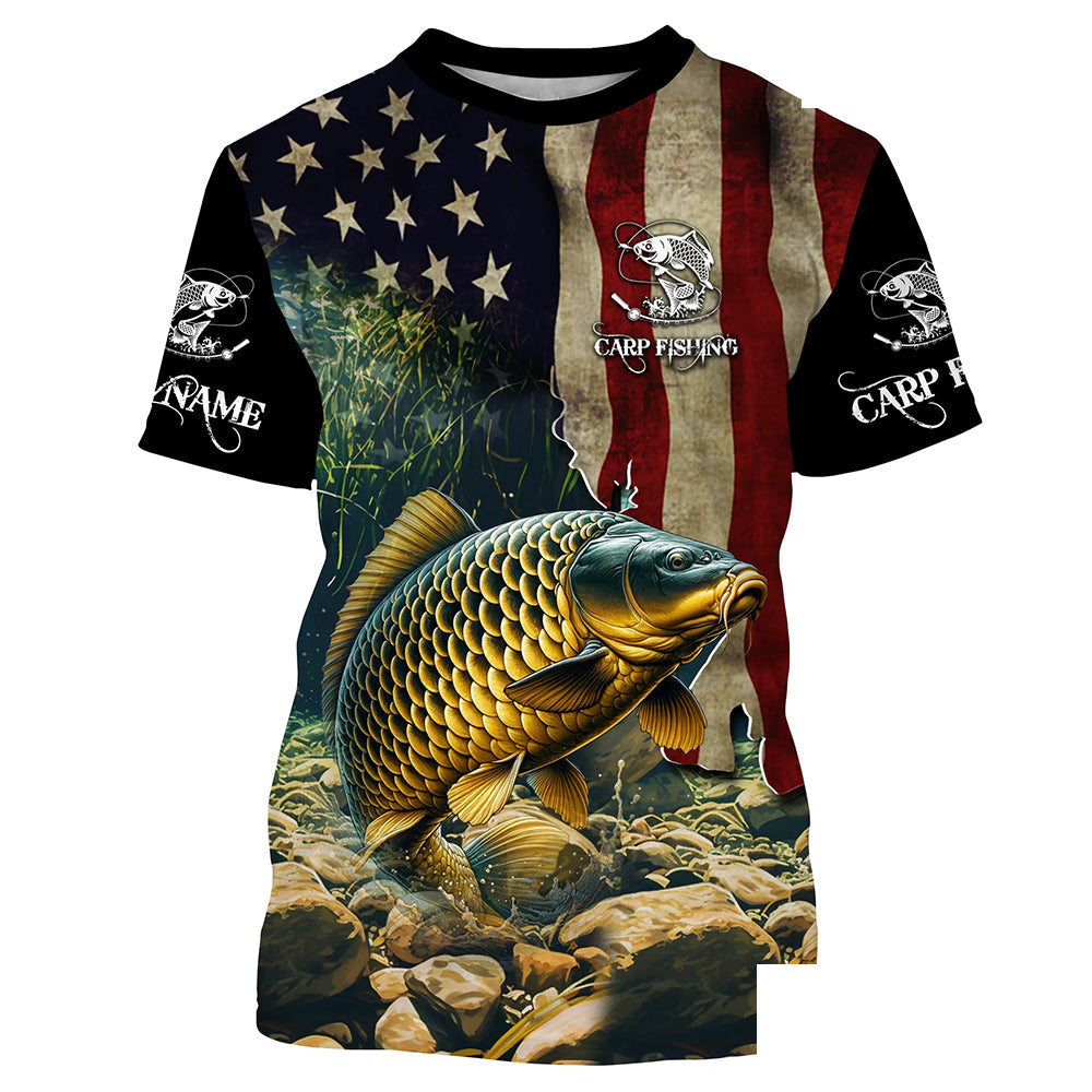 Carp Fishing 3D American Flag Patriotic Customize Name All-over Print fishing T-shirt NPQ101