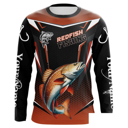 Black and Orange Redfish Long Sleeve Fishing Shirt, Personalized Red Drum Fishing Tounament Jersey NQS9774