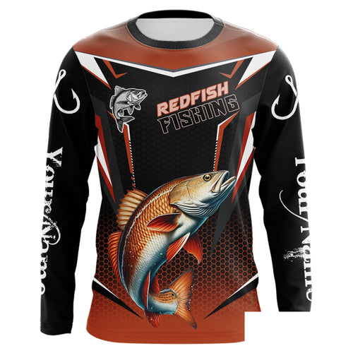 Black and Orange Redfish Long Sleeve Fishing Shirt, Personalized Red Drum Fishing Tounament Jersey NQS9774