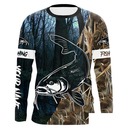 Catfish Fishing blue lake Camo Customize Name UV protection long sleeves fishing shirt for men NPQ110