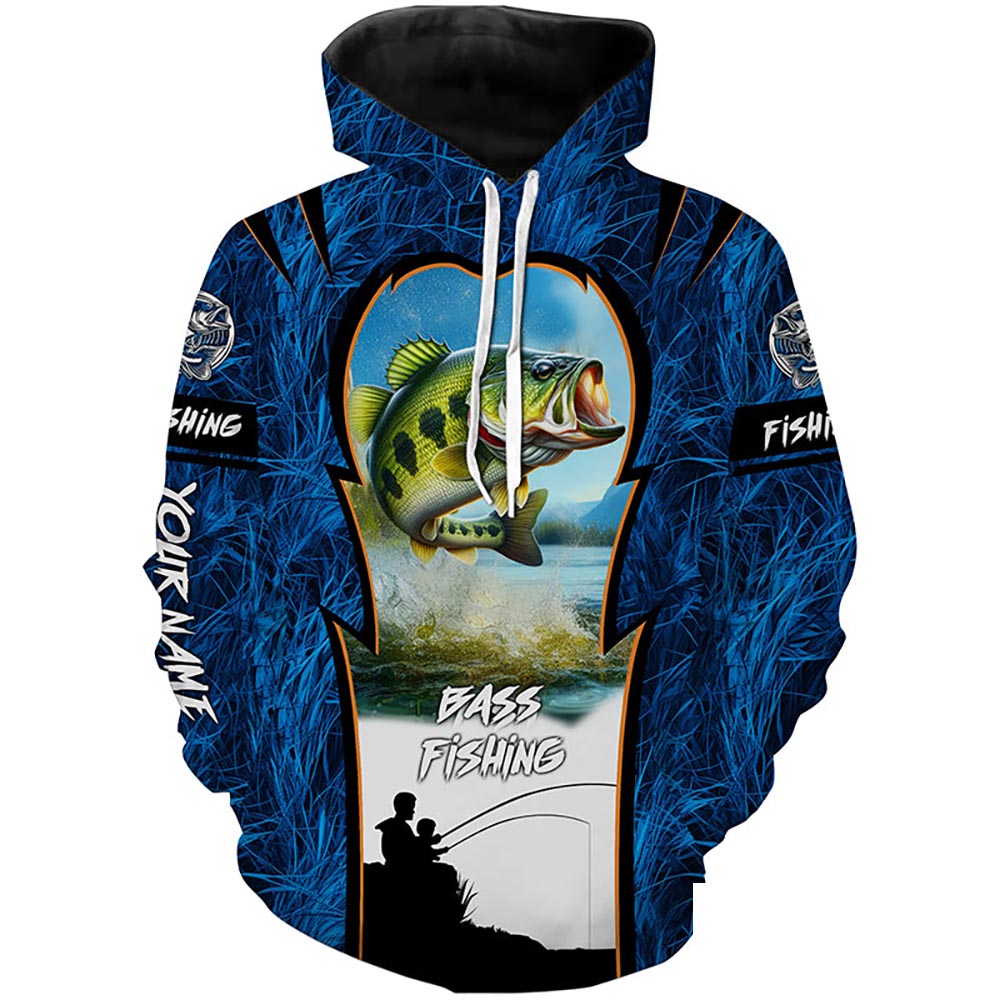 Largemouth Bass Fishing Blue Camo Customize name 3D All Over Printed fishing hoodie NPQ90