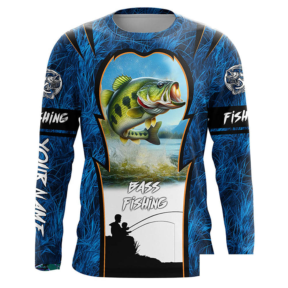 Bass Fishing Blue Camo Customize Name UV protection long sleeves fishing shirt for men NPQ90