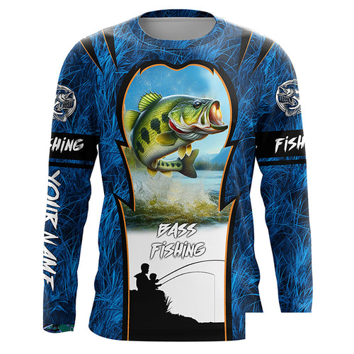 Bass Fishing Blue Camo Customize Name UV protection long sleeves fishing shirt for men NPQ90
