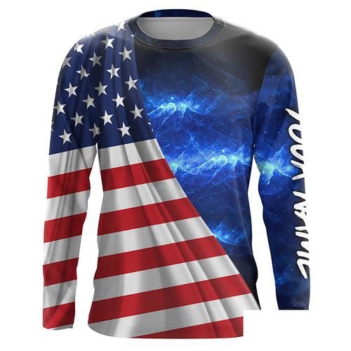 American Flag Universe patriotic Custom name blue galaxy UV protection long sleeve Shirts NQS5409