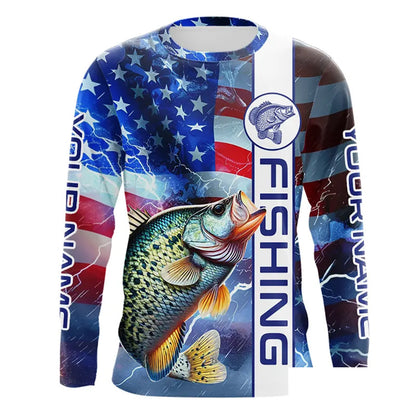 American flag Crappie lightning Long Sleeve Fishing Shirts custom Patriotic Crappie fishing jerseys NQS9472