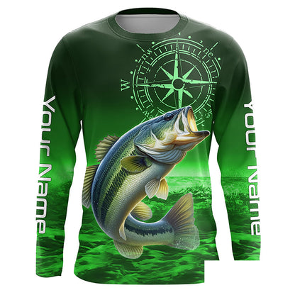 Personalized Bass Green Performance Fishing Long sleeves UPF, Bass Compass tournament Shirts NQS5881