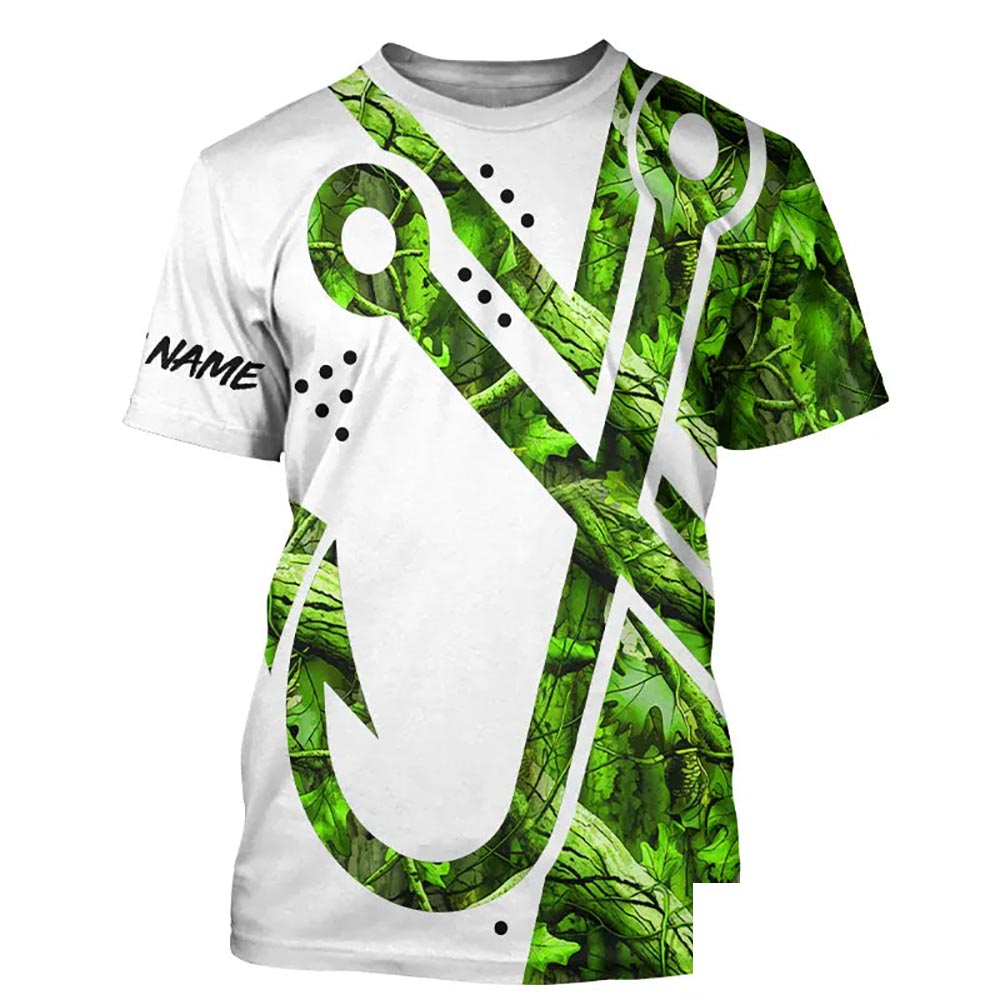Green Camo Fish Hook Customize Name All-over Print Unisex fishing T-shirt NPQ129