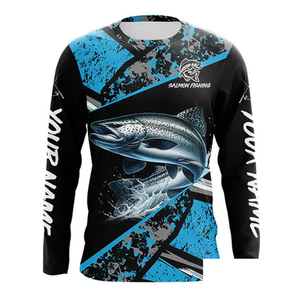 Chinook Salmon fishing Blue camo Long Sleeve Performance Fishing Shirt custom Salmon fishing jerseys NQS9347