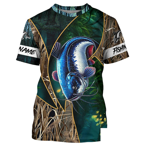 Catfish Fishing camo green Customize Name All-over Print Unisex fishing T-shirt NPQ37