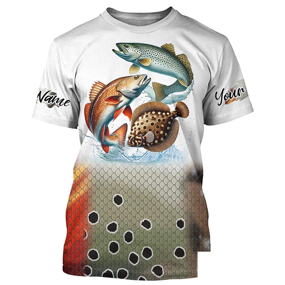Texas inshore slam Redfish, speckled trout, flounder fishing scales Custom Name Fishing Tshirt - NPQ546