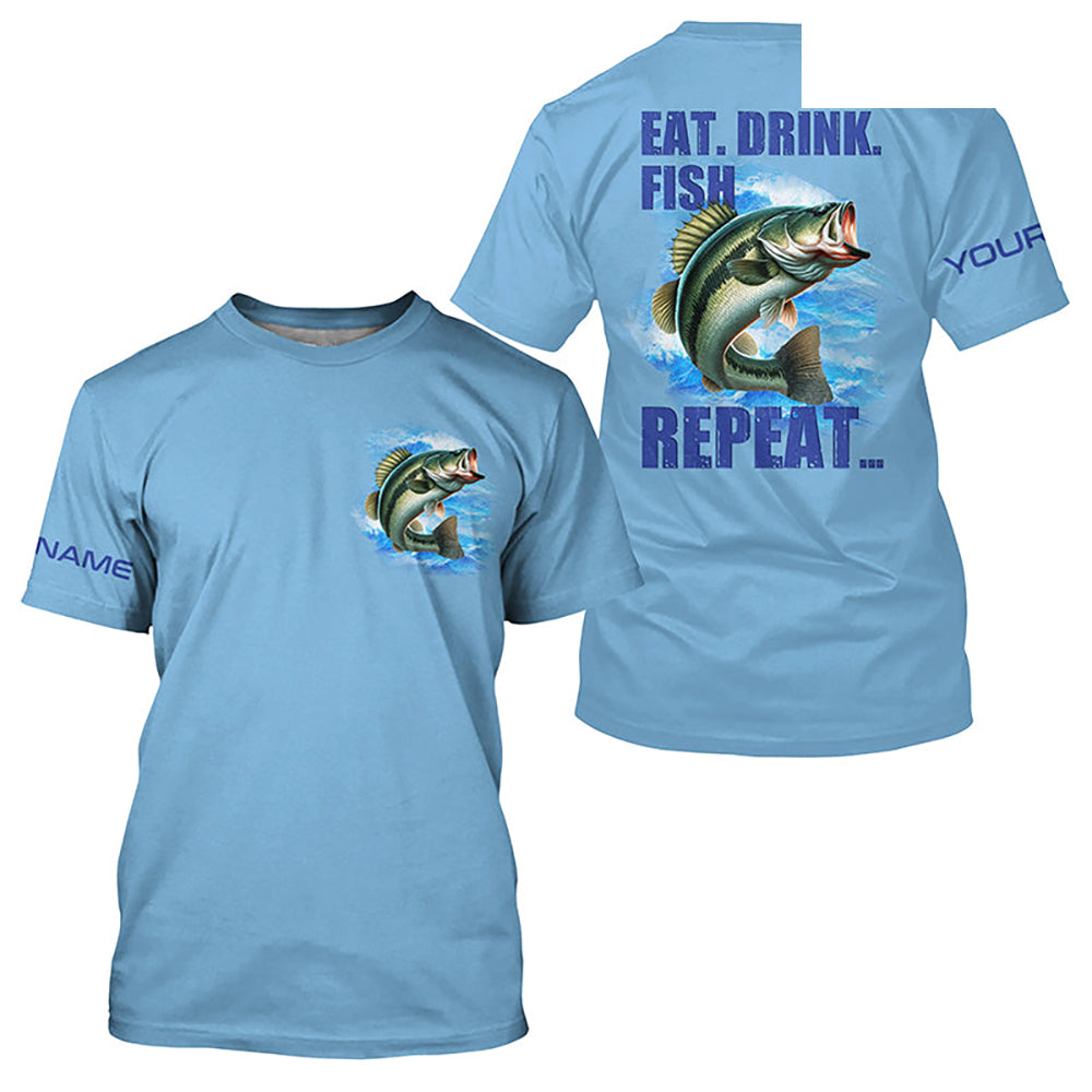 Largemouth Bass Fishing Custom Performance Fishing T-shirts Eat Drink Fish Repeat | Blue NQS6613
