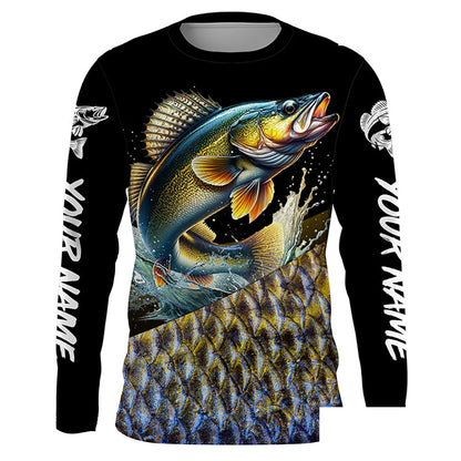 Custom Walleye Fishing Jerseys, Personalized Walleye Fishing scales fishing Long sleeve shirts NQS4949