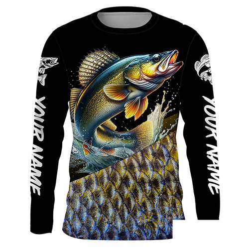 Custom Walleye Fishing Jerseys, Personalized Walleye Fishing scales fishing Long sleeve shirts NQS4949