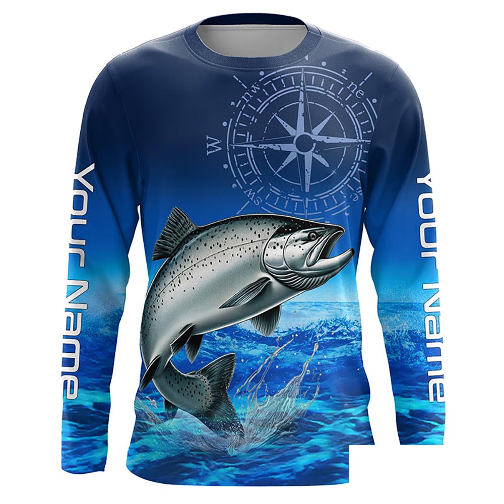 Personalized Chinook salmon Blue Long Sleeve Performance Fishing Shirts, compass tournament Shirts NQS5986