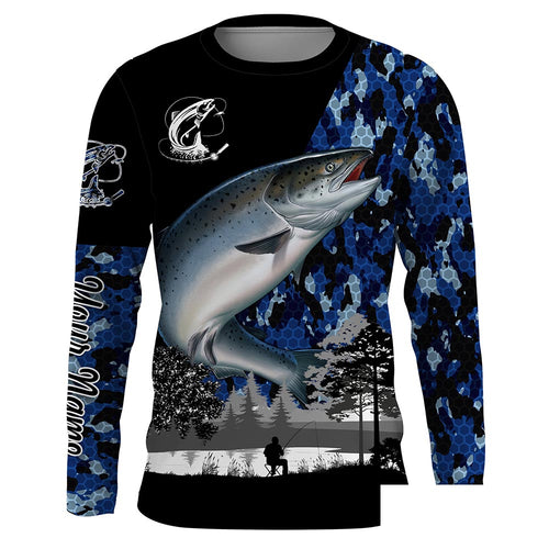 Chinook Salmon (King salmon) Fish blue camo Custom name fishing jerseys | Long sleeve, Long Sleeve Hooded NPQ832