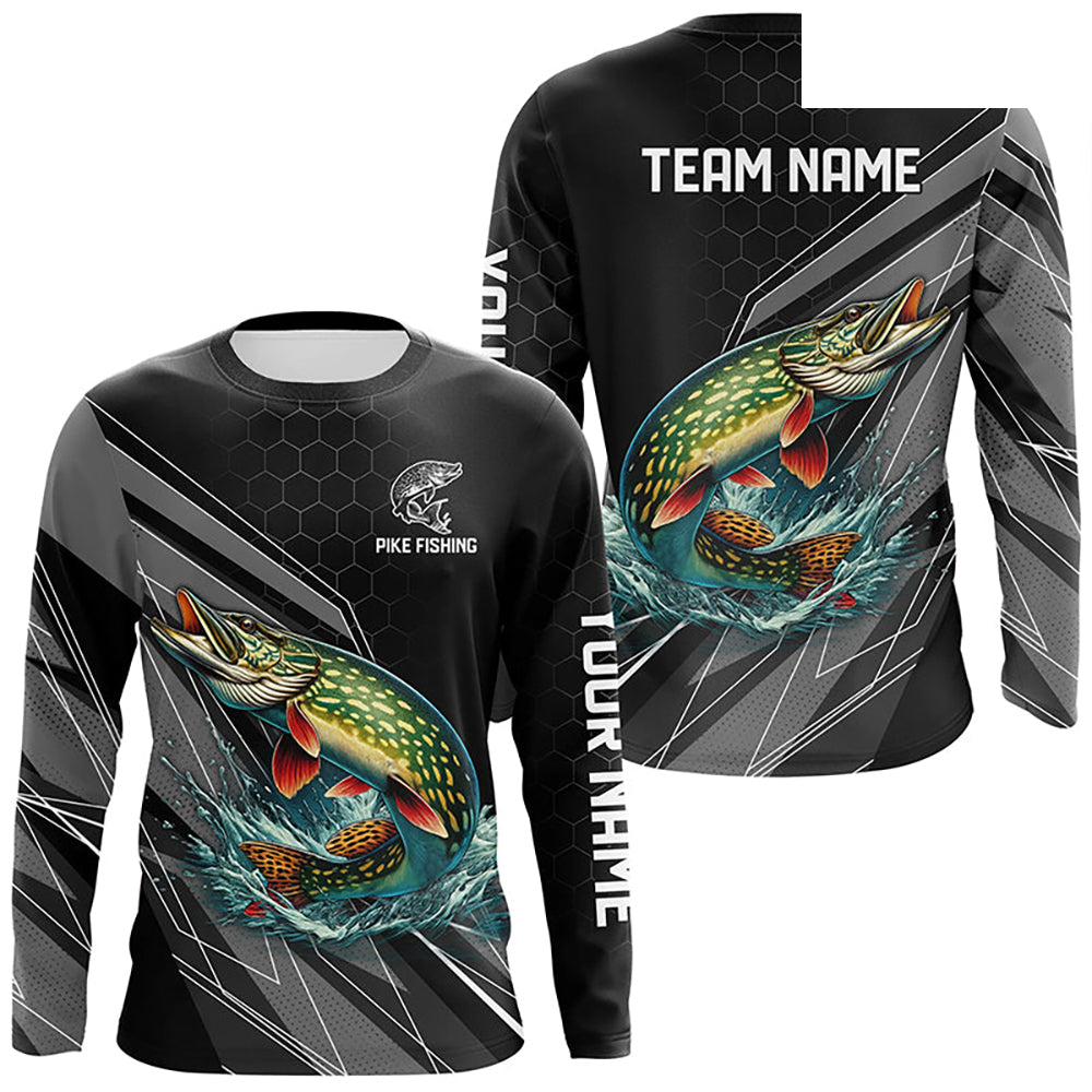 Personalized Black camo Northern Pike Fishing Jerseys, Pike Long Sleeve Fishing Tournament Shirts NQS8772