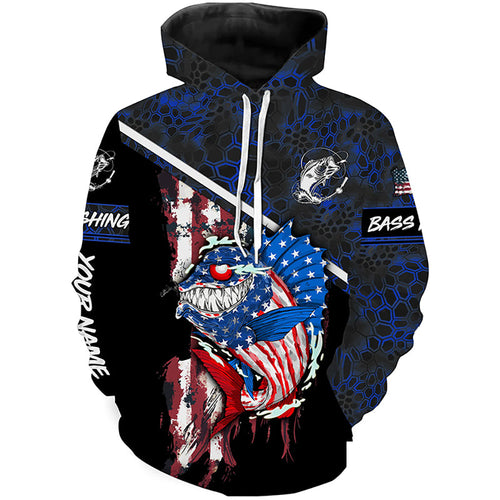 American Flag angry Bass fishing blue camo Custom fishing tournament Hoodie NPQ570