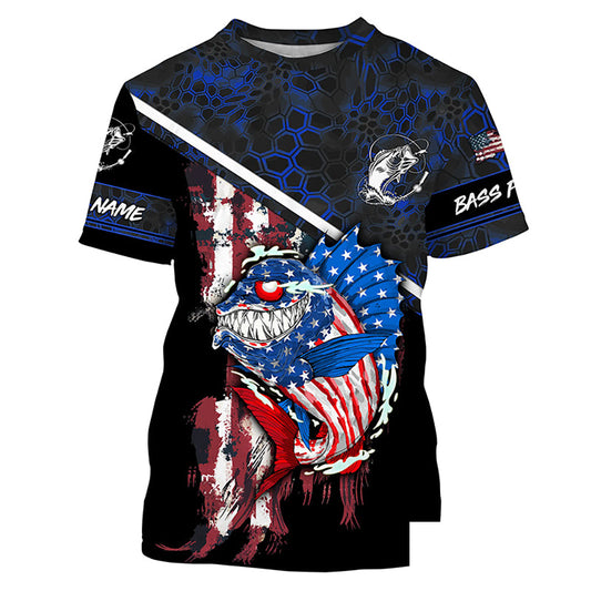 American Flag angry Bass fishing blue camo Custom fishing tournament Tshirt NPQ570