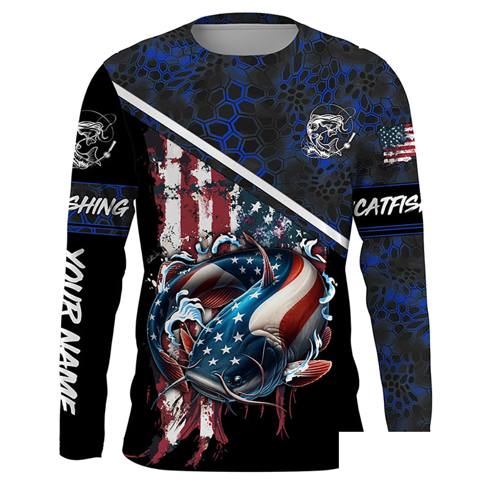 American Flag catfish fishing blue camo Custom name Long sleeve, Long Sleeve Hooded NPQ842