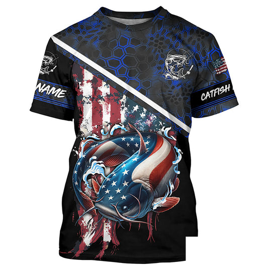 American Flag catfish fishing blue camo Custom name fishing jerseys | Tshirt - NPQ842
